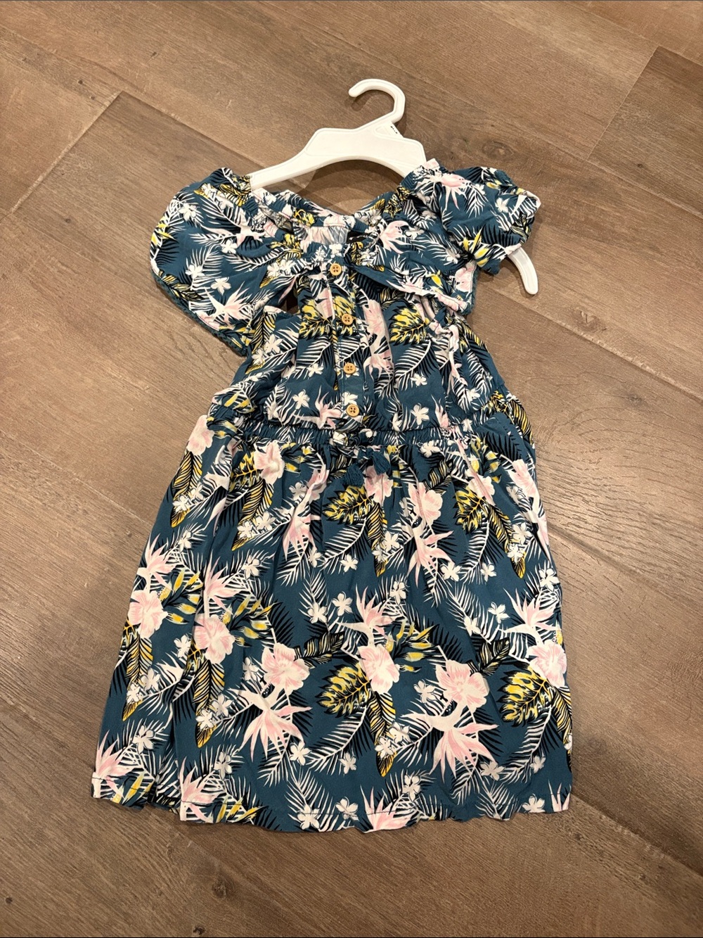 art class Blue Tropical Floral Ruffle Dress
